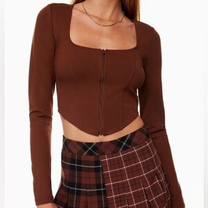 Aritzia Sunday Best Maverick Long Sleeve Brown Square-Neck Zip Crop Top Size S
